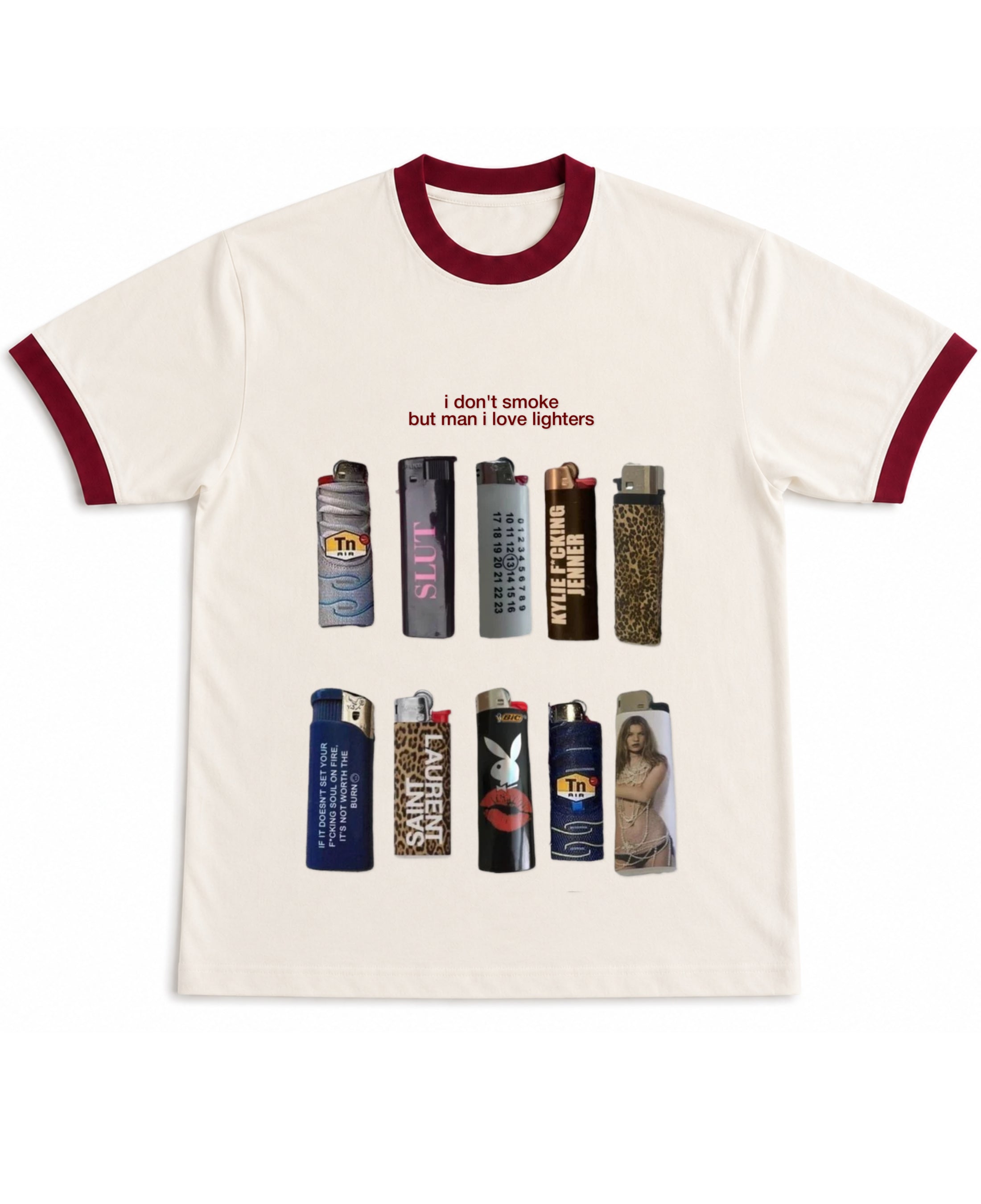 Off White & Maroon Ringer tee Front Design